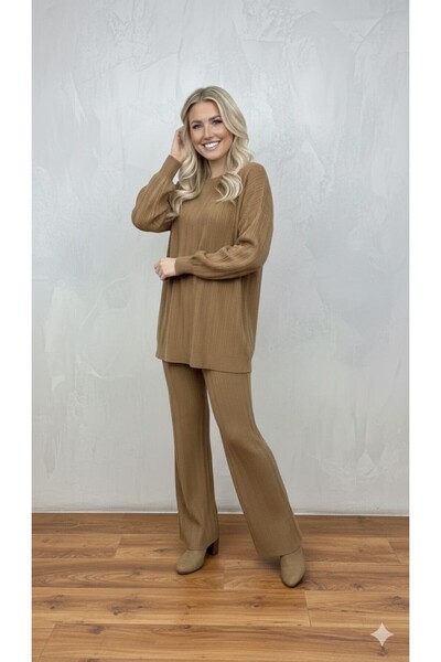 GİYSİ DÜNYASI 57 Knit Fabric with Woven Detail Sweater and Pants 2-Piece Set