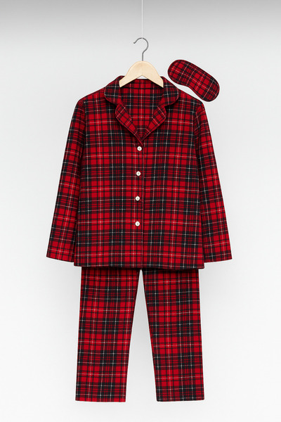 Free Beka Red Plaid Patterned Long Sleeve Shirt Collar Buttoned Children's Pajama Set and Eye Patch