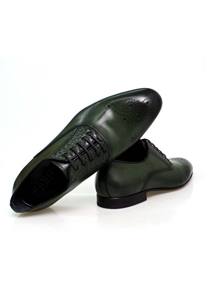 FRANCO CALVANI Green Color Lace-Up Genuine Leather Braided Men's Shoes