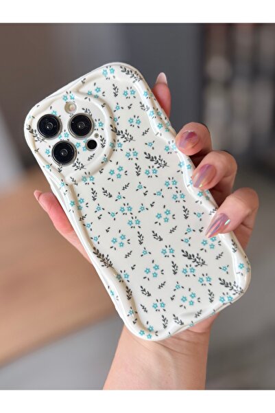 MİRAZ TASARIM iPhone 14 Pro Max Blue Flower Ecru Case