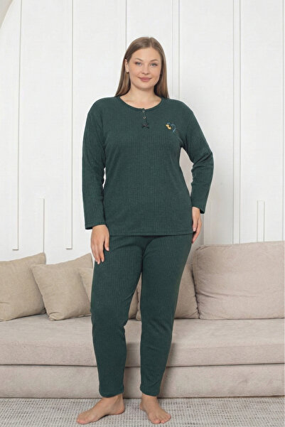 Farya Home Plus Size Cotton Thick Winter Buttoned Stripe Interlock Knitted Pajamas Set