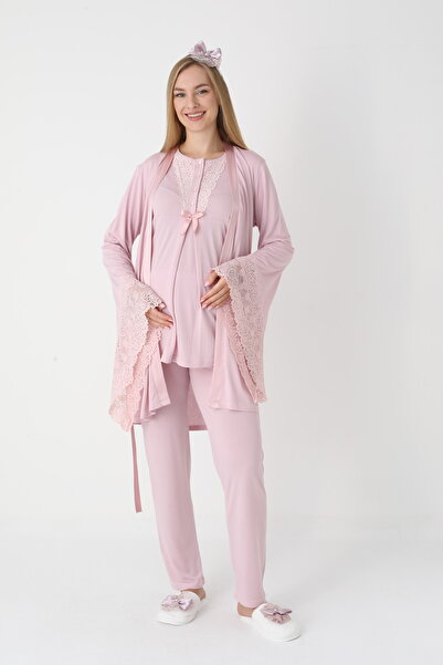 BLACKMORE Women's Powder Color Flounce Sleeves Lace Special Design Cotton Dressing Gown 3-Piece Pajama Set