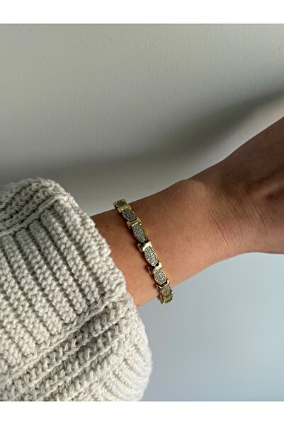 Owentis Çelik Gold Kuyumcu İşçilikli Taşlı Alava Bileklik -kararma yapmaz-