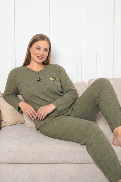 Farya Home Plus Size Cotton Thick Winter Buttoned Stripe Interlock Knitted Pajamas Set