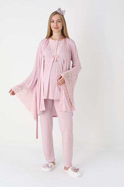 BLACKMORE Women's Powder Color Flounce Sleeves Lace Special Design Cotton Dressing Gown 3-Piece Pajama Set