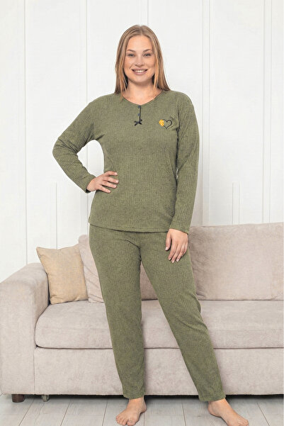 Farya Home Plus Size Cotton Thick Winter Buttoned Stripe Interlock Knitted Pajamas Set