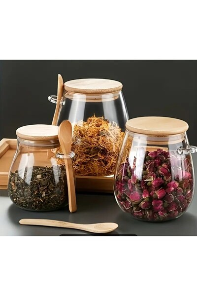 LeylArt 3-Piece Chubby Borosilicate Glass Spice Jar Set with Bamboo Lids 350 -600-1000 ml