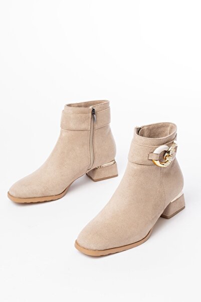 Zerenyus Γυναικείες μπότες με φερμουάρ ZRİN-RM504 Premium μπεζ σουέντ με τακούνι