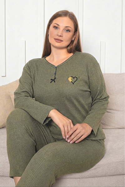 Farya Home Plus Size Cotton Thick Winter Buttoned Stripe Interlock Knitted Pajamas Set
