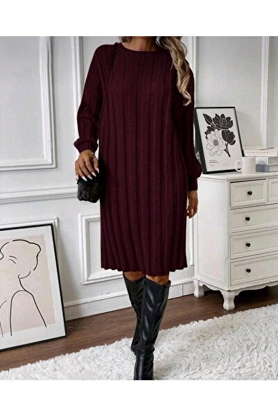 GNY TEXTİLE Crew Neck Long Sleeve Wide Corded Fabric Weaving Detailed Below Knee Knitwear Dress