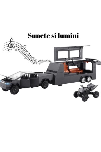 OEM Tesla Cybertruck Metal Car with Trailer, Detachable ATV, Lights and Sounds, Moving Doors, 28cm, Black