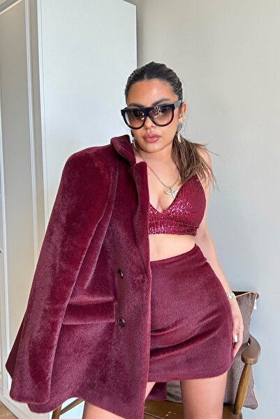 Sohotique By P Fusta mini din material blană roșu claret