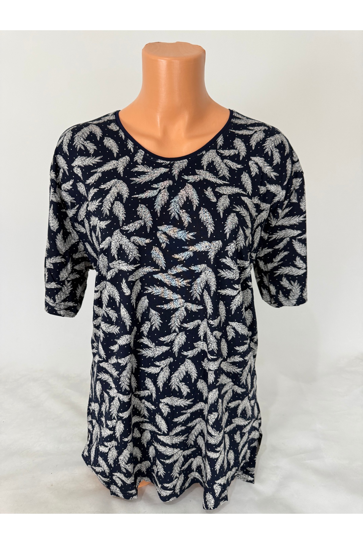 YAŞAR TRİKO Women's Black U-Neck Short Sleeve Floral Pattern Slit Woven Viscose Mother Combed Cotton T-Shirt