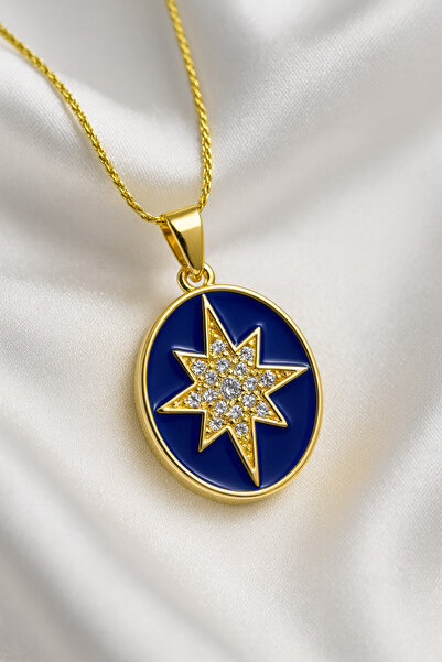 A-STİL TAKI Women's Gift Box Navy Blue Enamel Zircon Stone Polar Star Steel Necklace