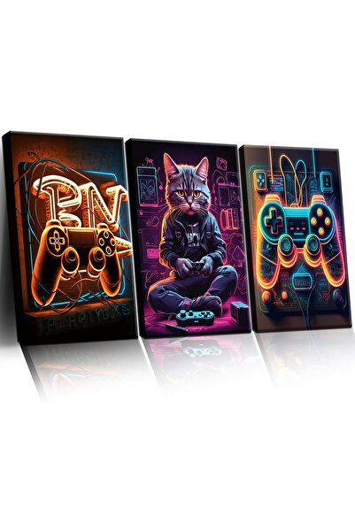 ALAYRA International Gaming Wall Art Canvas Framed Set 3 – Neon Video Game Po...