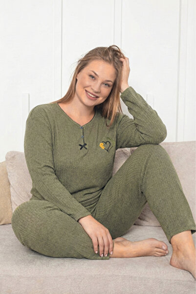 Farya Home Plus Size Cotton Thick Winter Buttoned Stripe Interlock Knitted Pajamas Set