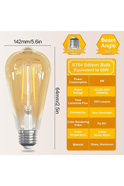 Arabest E27 ST64 6W Vintage LED Filament Bulb, 2700K Warm White, 630LM, Pack of 6