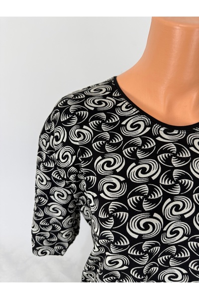 YAŞAR TRİKO Women's Black U-Neck Short Sleeve White Patterned Slit Woven Viscose Mother Combed Cotton T-Shirt