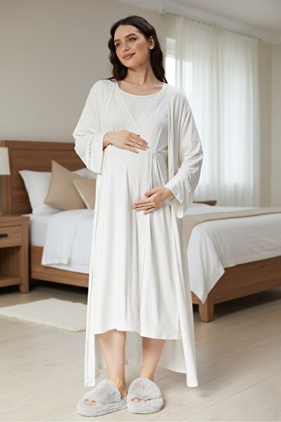 Lohusa Homewear Γυναικείο νυχτικό εγκυμοσύνης σε εκρού σχέδιο, κομψό, πλήρους...