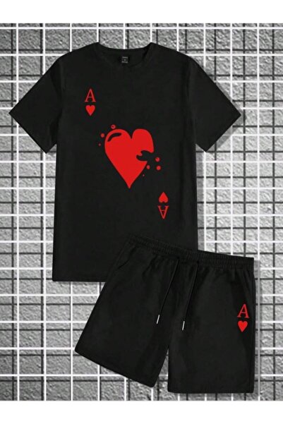 PERISENSE 2'Li a Heart Shorts T-Shirt Set Black Set Nasasorttshirt