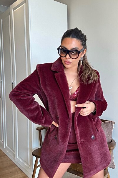 Sohotique By P Fur Effect Blazer Jacket Burgundy