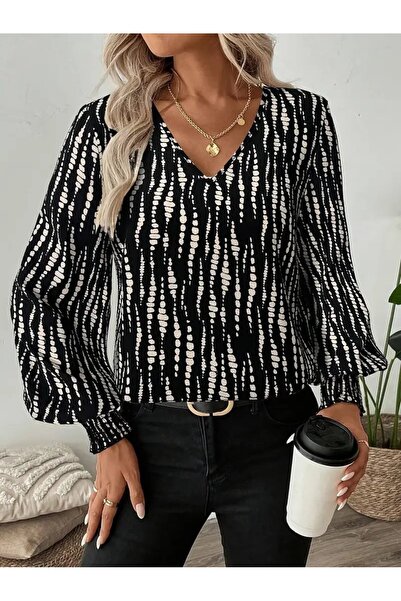 Moda Monisa Γυναικεία μακρυμάνικη μπλούζα |   Λεπτομέρεια του Gipe Kol |   Λαιμόκοψη σε σχήμα V |   Υφασμάτινο Μονόχρωμο Υφασμάτινο Υλικό