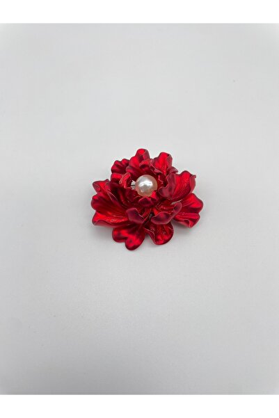 AGAPI Broş Kırmızı Çiçek Figürlü İnci Detaylı Broş