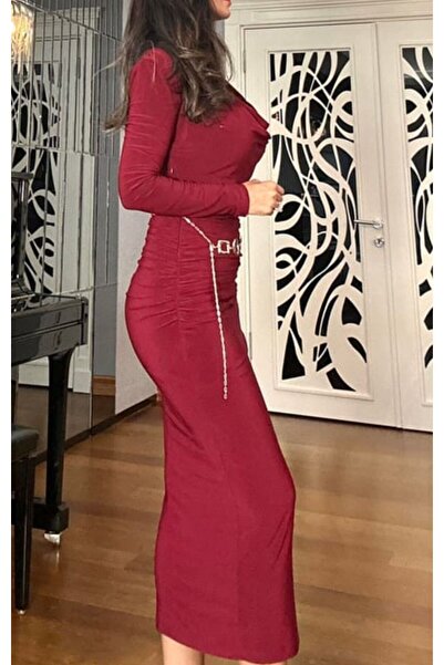 Look Kadıköy Women's Jolia Degaje Collar Ruched Detail Dress with Gold Chain Accessories