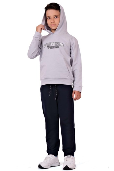 s.t. sebat tekstil Boys' Embroidered Kangaroo Pocket Hooded Sweatshirt Tracksuit Set