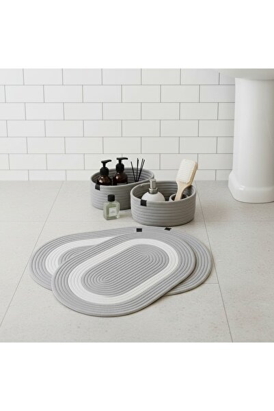 Comfort Craft طقم سجادة حمام رمادي أبيض / جوت مكون من 4 قطع مخططة باللون الرمادي والأبيض |   سلة بيضاوية، مجموعة ممسحة وديكور