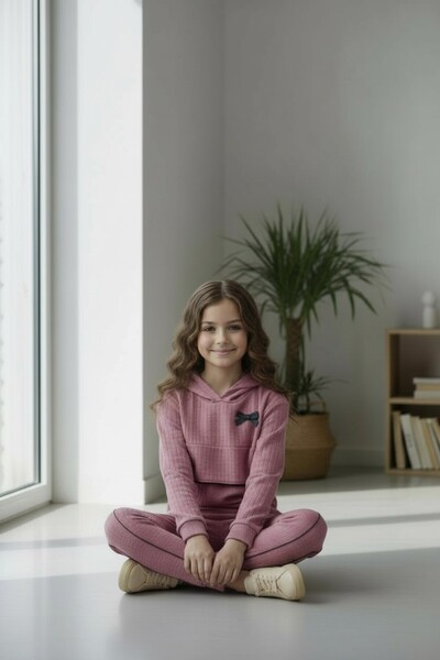 minikiss Cotton Hooded Kıl Piped Detail Top-Bottom Girl's Two-Piece Suit