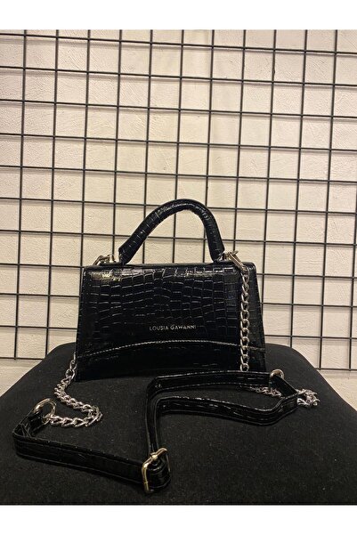 VENÜS BİJUTERİ Şık Parlak Siyah Desenli Zincir Askılı El Çantası