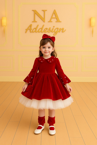 NA ADDESIGN Rochie roșie din catifea pentru fetiță, cu design special de Anul...