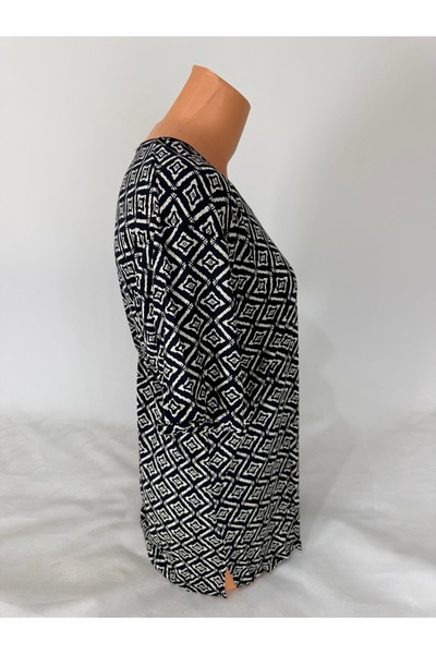 YAŞAR TRİKO Women's Black U-Neck Short Sleeve White Patterned Slit Woven Viscose Mother Combed Cotton T-Shirt