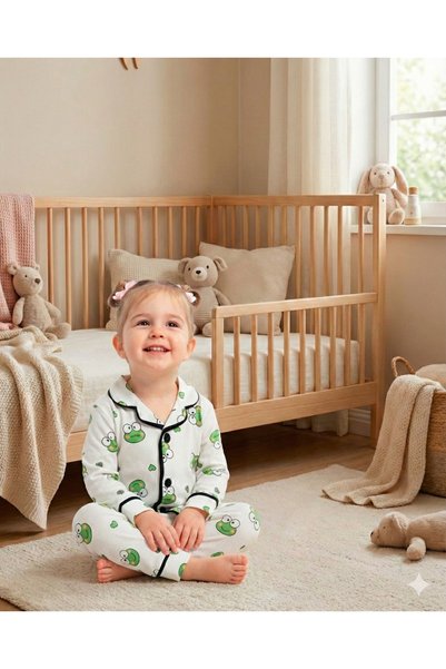 Bebelove Erkek/Kız Bebek Ve Çocuk Kurbağalı Boydan Düğmeli Pijama Takımı