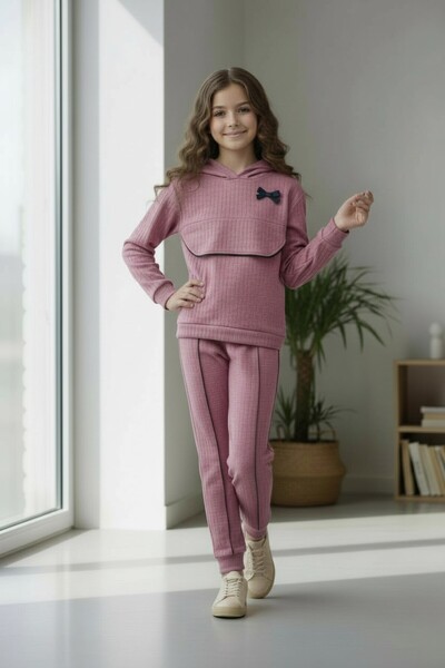 minikiss Cotton Hooded Kıl Piped Detail Top-Bottom Girl's Two-Piece Suit