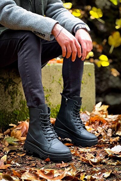 Lucy Shoes Yg0993 Men's Sports Casual Lace-Up and Zippered Leather Boots Cst - Black