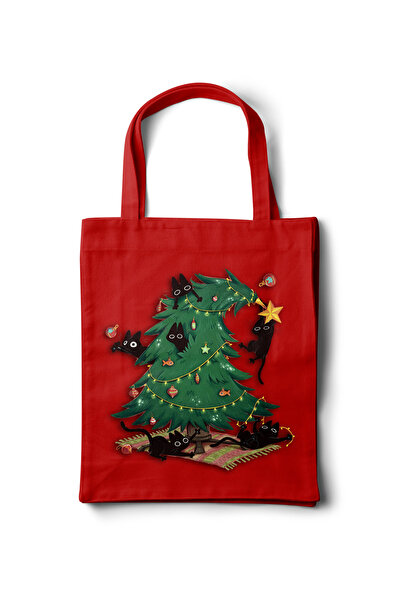INKD حقيبة قماش جبردين – تصميم شجرة عيد الميلاد مع قطة - 35x40