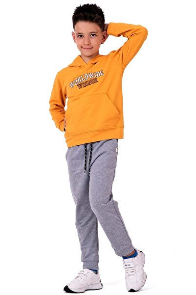 s.t. sebat tekstil Boys' Embroidered Kangaroo Pocket Hooded Sweatshirt Tracksuit Set