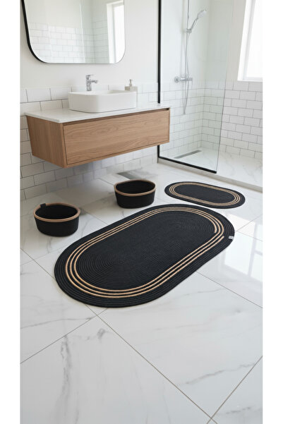 Comfort Craft طقم سجادة حمام مخططة من الخيزران الأسود / الجوت مكون من 4 قطع |...