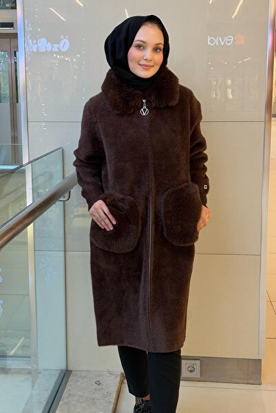Ghisa Angora Coat with Plush Collar and Pockets, Front Zipper