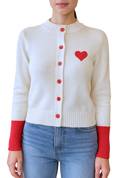 Qualia Butik Women's Red Sleeves Heart Detail White Knitwear Cardigan