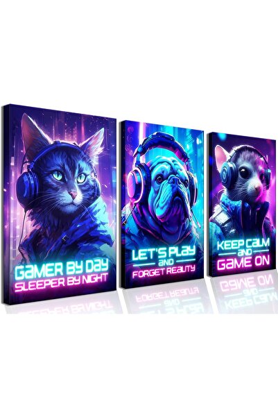 ALAYRA International Framed Gamer Wall Art Set of 3 – Neon Cats & Dog Posters...