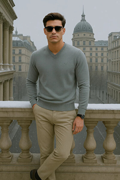 Maccali Men's Casual Premium Loose Long V-Neck Gray Sweater