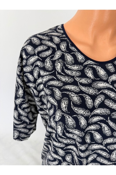 YAŞAR TRİKO Women's Black U-Neck Short Sleeve Patterned Slit Woven Viscose Mother Combed Cotton T-Shirt