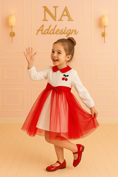 NA ADDESIGN Rochie pentru fetiță cu detaliu de cireșe, cu fustă detașabilă di...