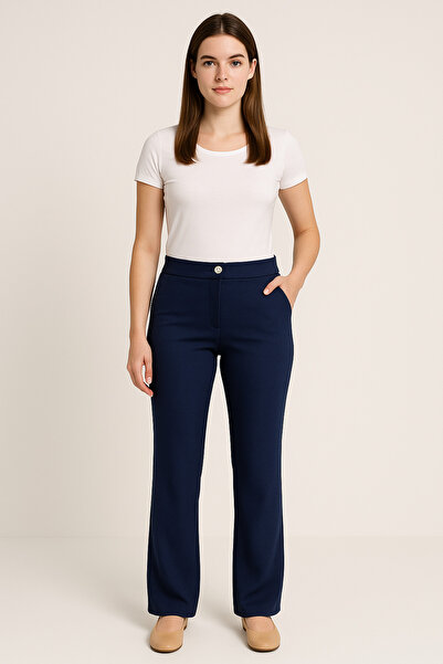 MİRA BUTİK Women's Navy Blue High Waist Straight Cut Fabric Trousers with Poc...