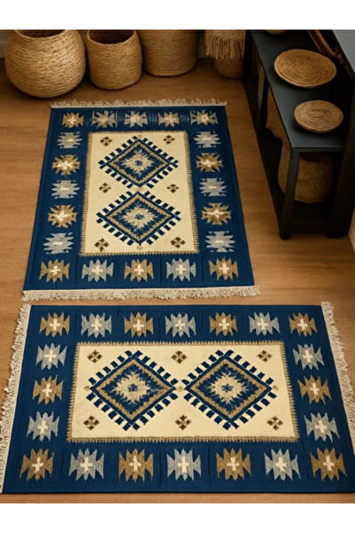 OEM 1+1 Traditional Jute Rugs 80x120 cm, Blue and Cream, ROMB Pattern