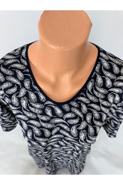 YAŞAR TRİKO Women's Black U-Neck Short Sleeve Patterned Slit Woven Viscose Mother Combed Cotton T-Shirt