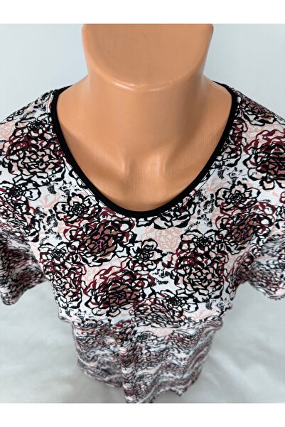 YAŞAR TRİKO Women's White U-Neck Short Sleeve Floral Pattern Slit Woven Viscose Mother Combed Cotton T-Shirt